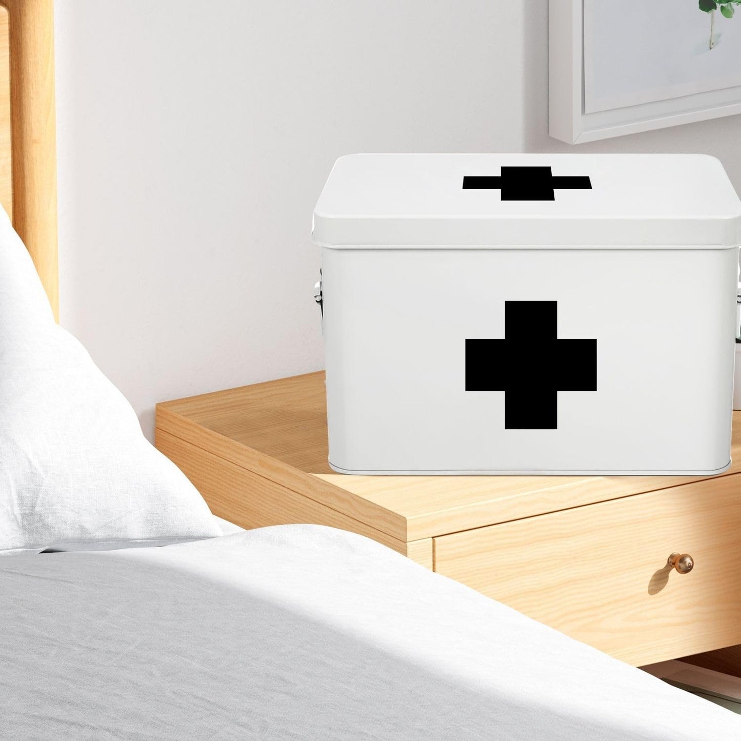 Flexzion First Aid Box Organizer Empty 13" White Vintage First Aid Kit Tin Metal Medical Box - First Aid Storage Box Container Bins with Dividers, Removable Tray and Black Cross Logo
