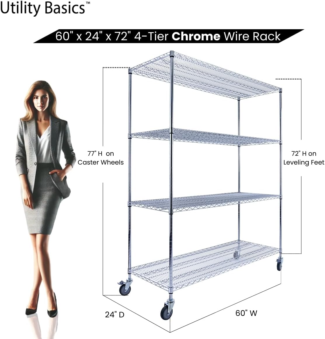 NSF Commercial 4-Tier Wire Shelving with Wheels, 60"x24"x72" Heavy Duty Metal Shelves 3200 lbs Max Capacity, Chrome Storage Rack for Garage Kitchen Pantry Warehouse