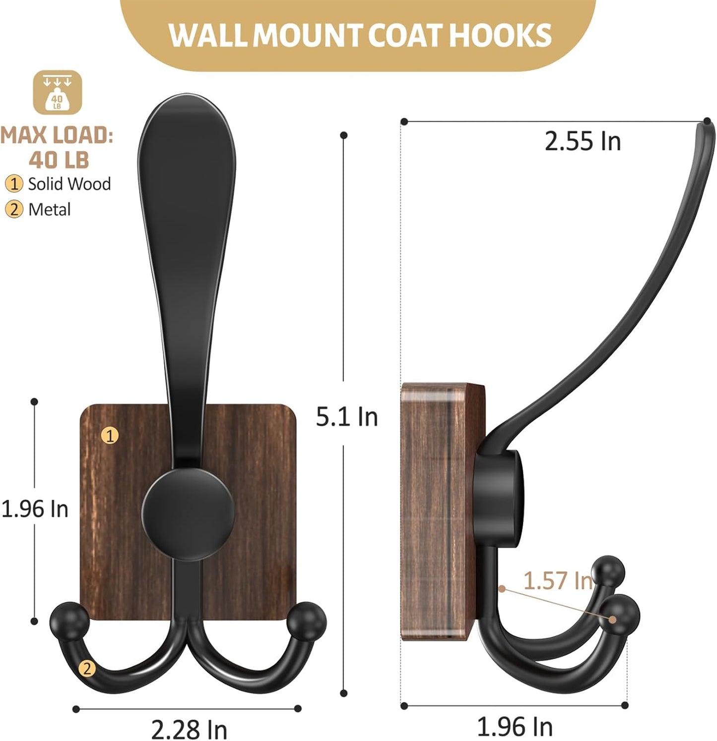 VIS'V Wooden 3 Prong Coat Hooks, Wall Mount, Heavy Duty, Brown, 4 Pcs