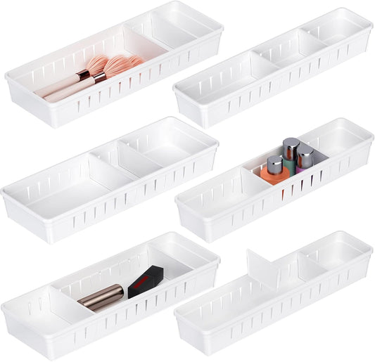 6 PCS Desk Drawer Organizer, Bathroom Drawer Organizer Trays with Dividers Adjustable, Makeup Organizer Bins for Vanity Clothes Junk Kitchen Utensil