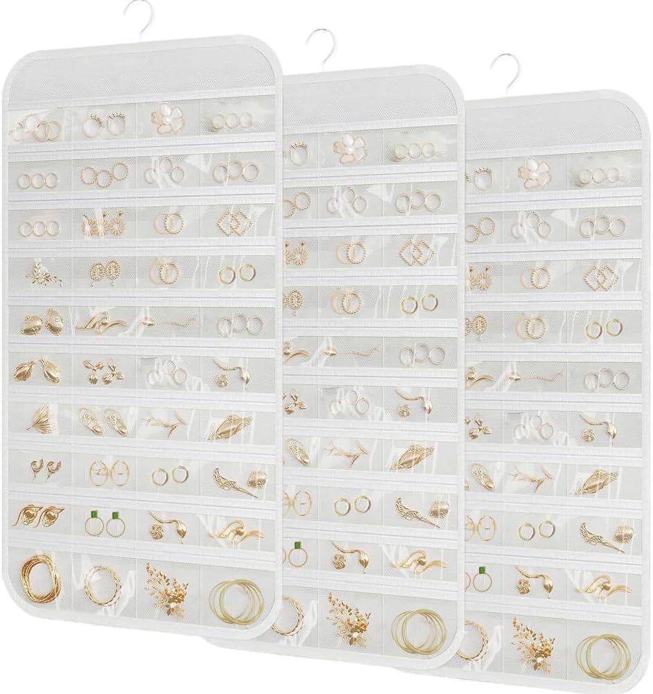 3PCS Hanging Jewelry Organizer with 80 Pocket Double-Sided Jewelry Holder Storage Wall Door Closet Accessories Organizer for Earrings, Necklaces, Rings (White)