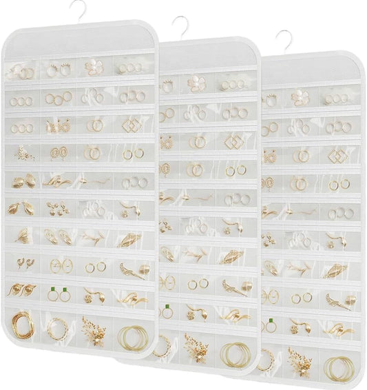 3PCS Hanging Jewelry Organizer with 80 Pocket Double-Sided Jewelry Holder Storage Wall Door Closet Accessories Organizer for Earrings, Necklaces, Rings (White)