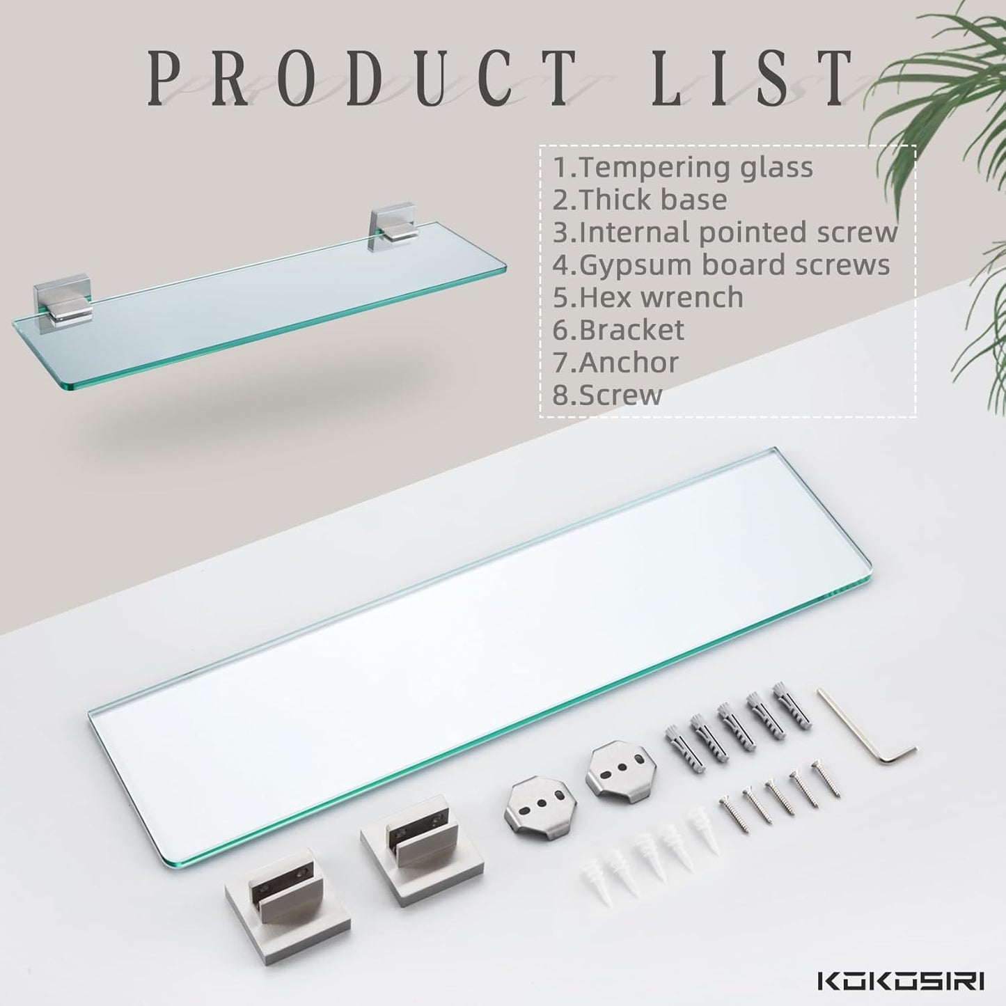 KOKOSIRI Wall Shelves Floating Bathroom Glass Shelf for Kitchen Storage, 20'' x 5.6'' Tempered Glass Wall Mounted Brushed Stainless Steel B1106BR-L20