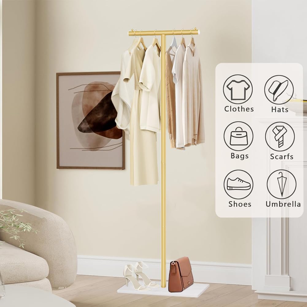 T-Shaped Metal Rack Stand, Modern Clothes Rack With Rock Slab Base,68.8Inch Freestanding Clothing Rack Stand,Suitable For Boutiques, Entryway, Bedroom, Living Room, Hallway, (Golden Yellow)