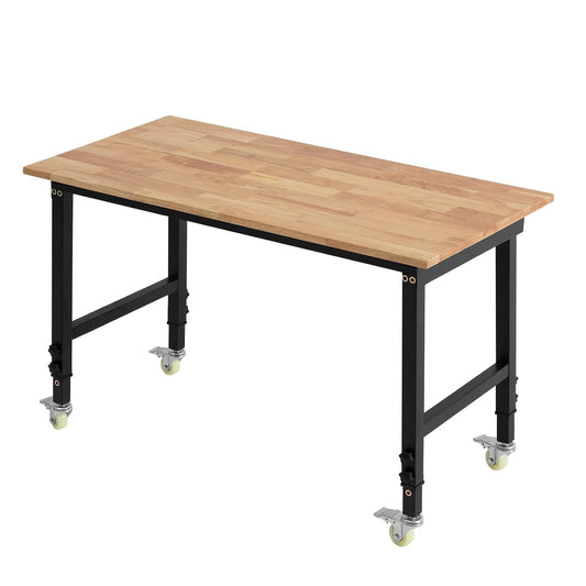 VEVOR Adjustable Workbench on Wheels, 1500 lbs Capacity, 48 x 24 Inch Oak Wood Top Workbench with 28.5-42.3 Inch Height Adjustment, Heavy-Duty Hardwood Worktable for Garage, Workshop, Home, Office