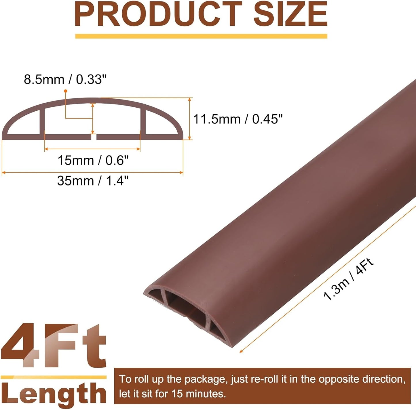 HARFINGTON 4ft Cord Cover Floor W0.6 x H0.33 Inner Channel PVC Hide Extension Cable Floor Wire Hider Wire Covers Protector for Prevent Cable Trips Cables Management, Coffee
