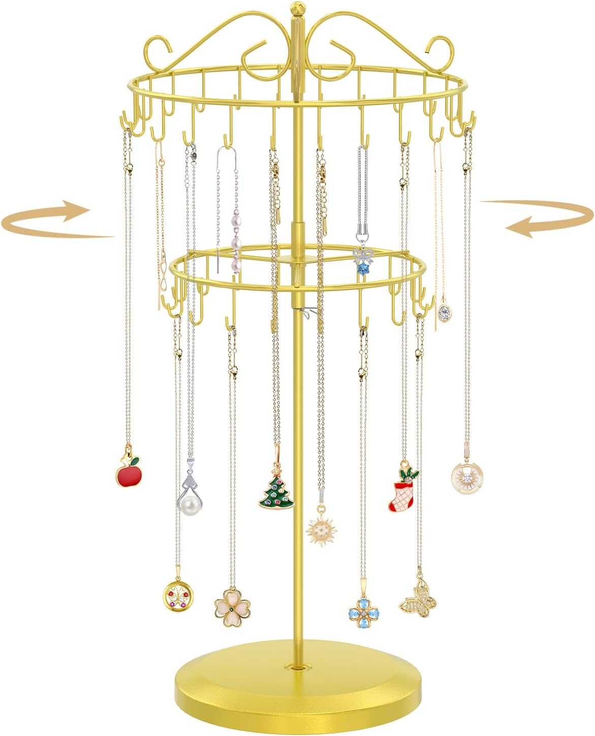 MODOWEY Rotating Necklace Holder Organizer Display Stand with 42 Hooks, 2 Tier Adjustable Metal Tree for Long Necklace Hanger Selling, Tall Spinning Bracelet Storage Rack for Men Women, Gold