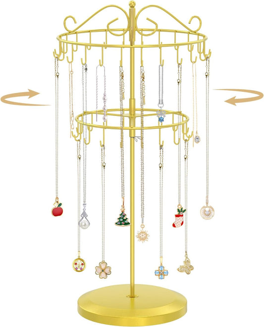 MODOWEY Rotating Necklace Holder Organizer Display Stand with 42 Hooks, 2 Tier Adjustable Metal Tree for Long Necklace Hanger Selling, Tall Spinning Bracelet Storage Rack for Men Women, Gold