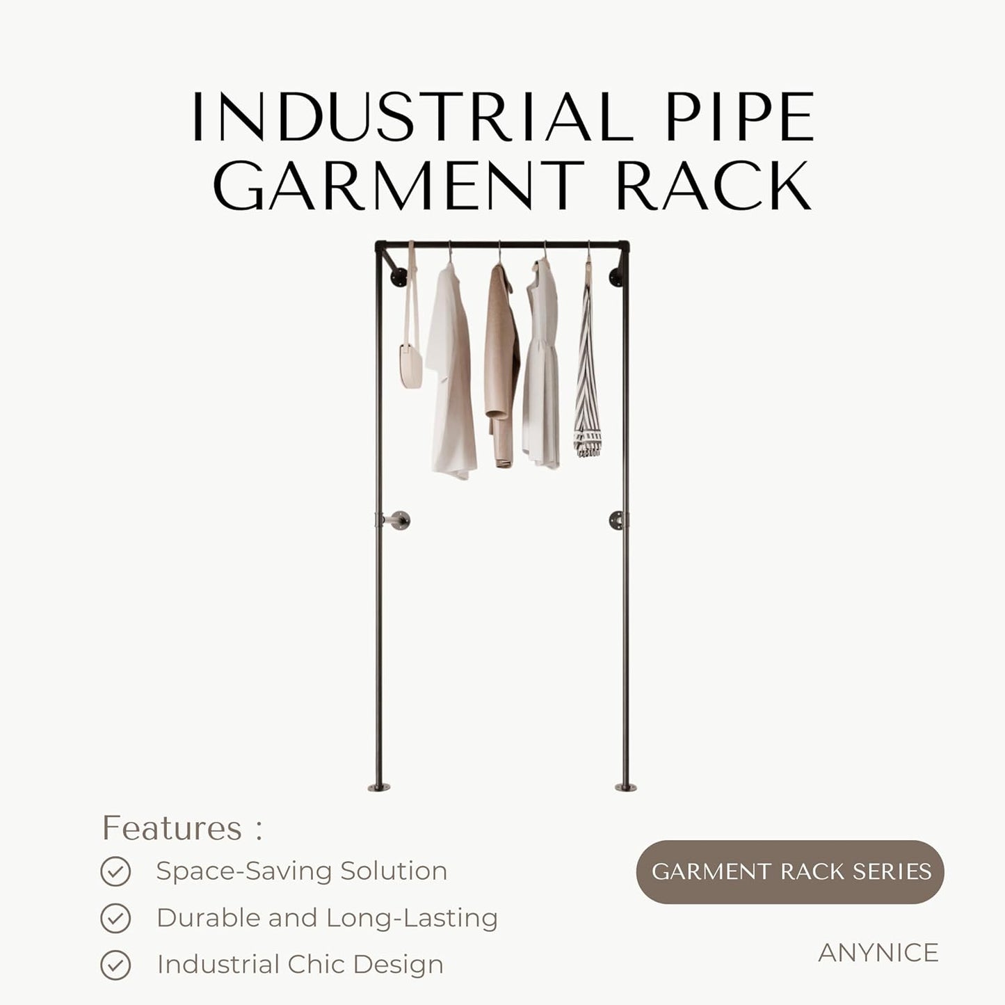 Industrial Pipe Clothing Rack, Heavy Duty Wall Mounted Clothes Rack, Retail Display Hanging Garment Rod for Laundry Rooms, Closet Storage, 14.6x37.4x82.7 Inches, Model K05