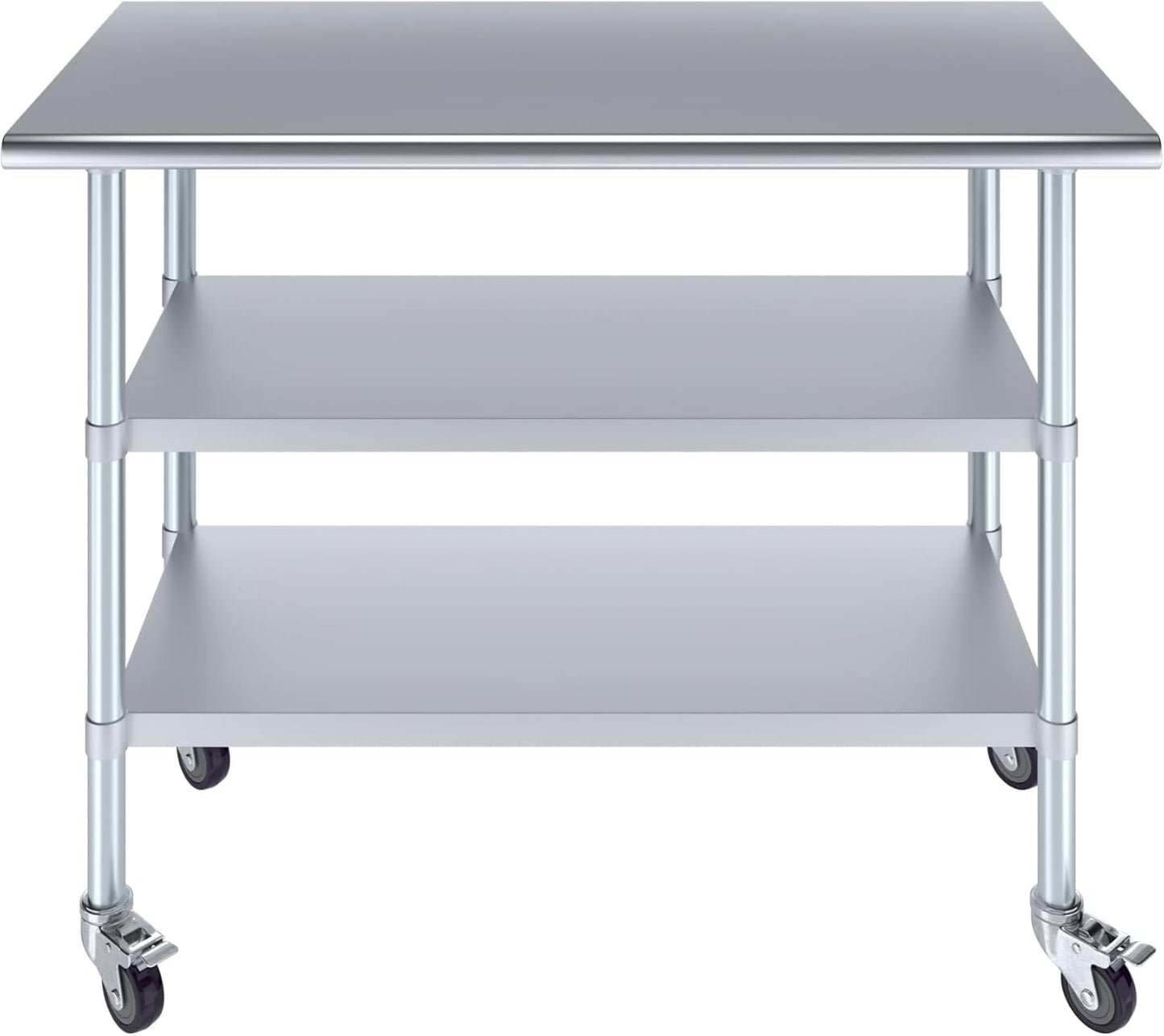 AmGood Stainless Steel Work Table with 2 Shelves and Casters | Metal Utility Table On Wheels (Stainless Steel Work Table with 2 Shelves + Casters, 48" Long x 24" Deep)