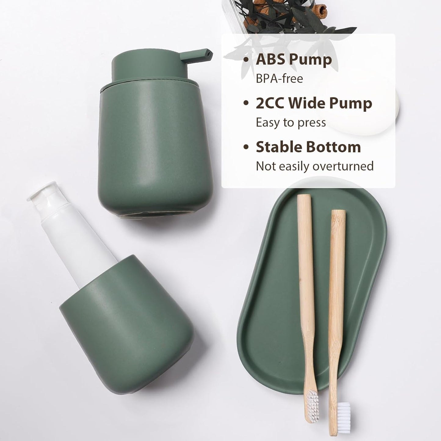 INGOFIN 3 Pcs Ceramic Bathroom Accessory Set - Liquid Soap Dispenser, Toothbrush Holder & Tray, Bathroom Counter Set, Countertop Essentials for Home, Guest Bathroom, or Office Use, Matte Green