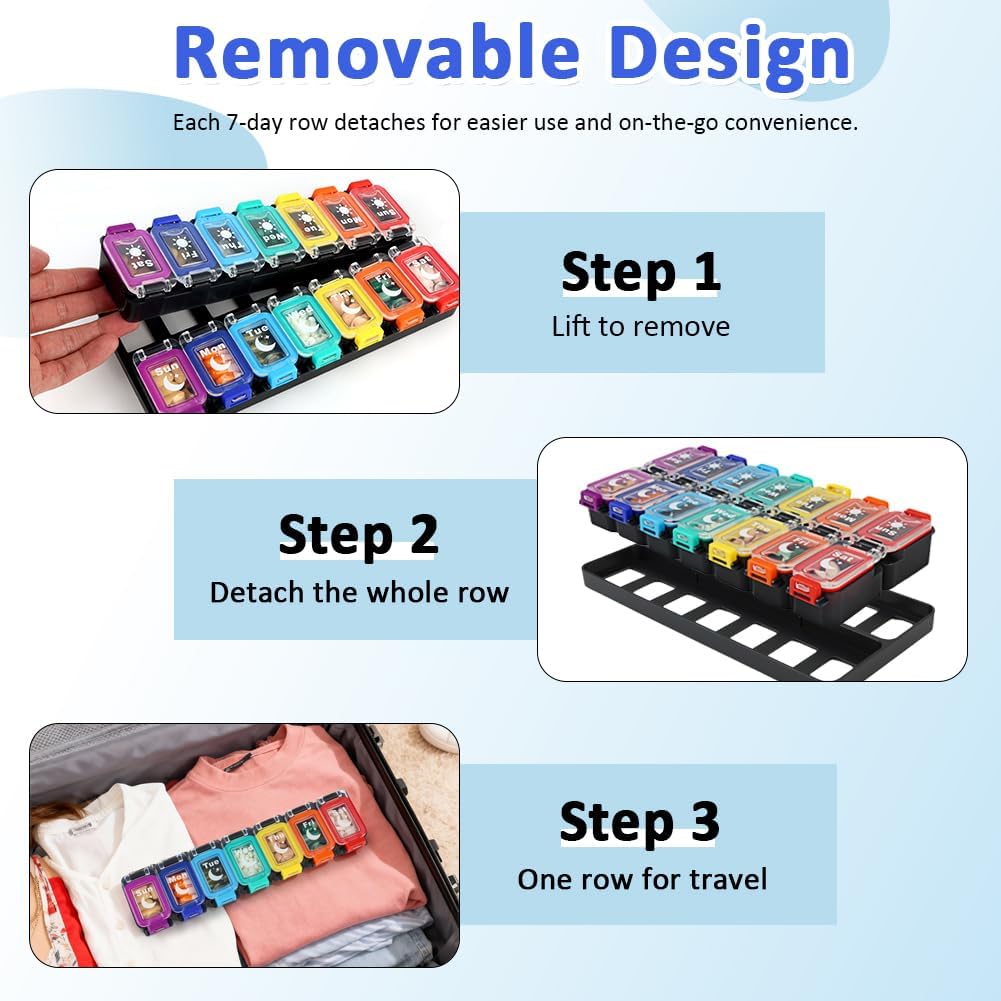 Shintop Weekly Pill Organizer 2 Times a Day, Moisture-Proof Large Vitamin Box 7 Day Secure-Locking Medicine Case with Detachable Rows for Home & Travel (Rainbow)