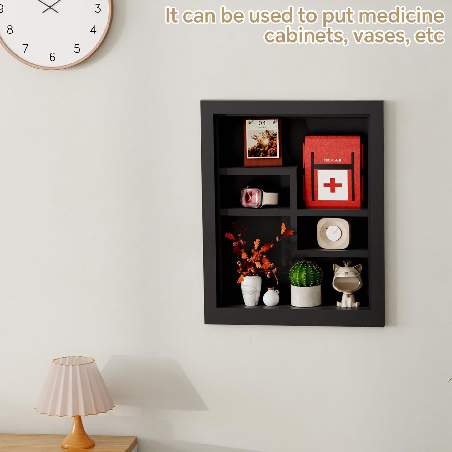 Solid Wood 14 X 18 Recessed Medicine Cabinet,2-Tier, Medicine Cabinet Organizer,Wall Niche, Bathroom Wall Cabinet, Recessed Bathroom Cabinet, Bathroom Cabinet with Storage Black