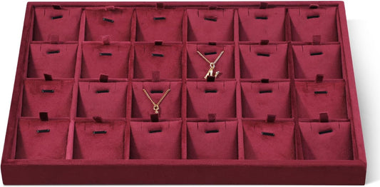 Velvet Necklace Display Tray, Stackable 24 Grid Insert Pendant Necklaces Storage Holder Plate, Jewelry Retail Countertop Organizer (Red)