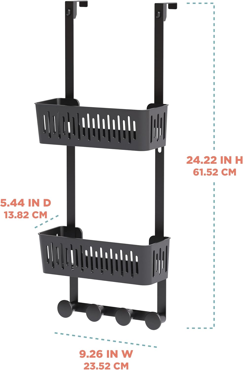 Zenna Home SnugFit Over the Door Caddy Organizer with 2 Storage Baskets and 4 Hooks, Over Door Hanging Organizer for Bathroom, Kitchen, Bedroom, Closet, Easy to Install, No Drilling, Black