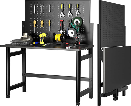 Work Bench for Garage, 45.5" Heavy Duty Workbench with Pegboard, Foldable Steel Work Table with Wheels for Woodworking Shop Garage Home Office Warehouse, Easy Assembly
