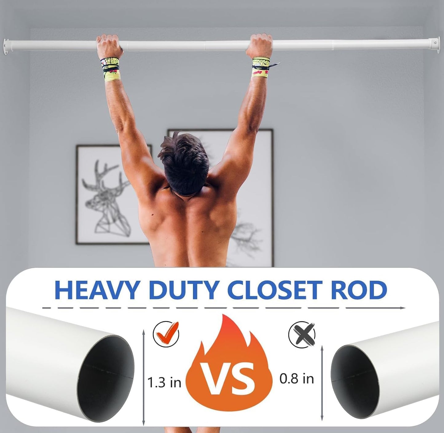 Closet Rod, 17 to 97Inch Closet Rods for Hanging Clothes, Heavy Duty Adjustable Closet Hanging Rod Bar White Closet Poles for Wardrobes, Closet, Bathroom, Windows,1.3 Inch Diameter