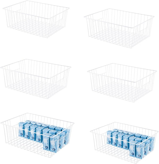 Upright Freezer Organizer Bins， Freezer Baskets for 16, 17, 21 cu.ft Standup Freezer, Wire Storage Baskets with Built-in Handles for Frozen Foods, Snacks, Vegetables, Fruits and More, Set of 6, White