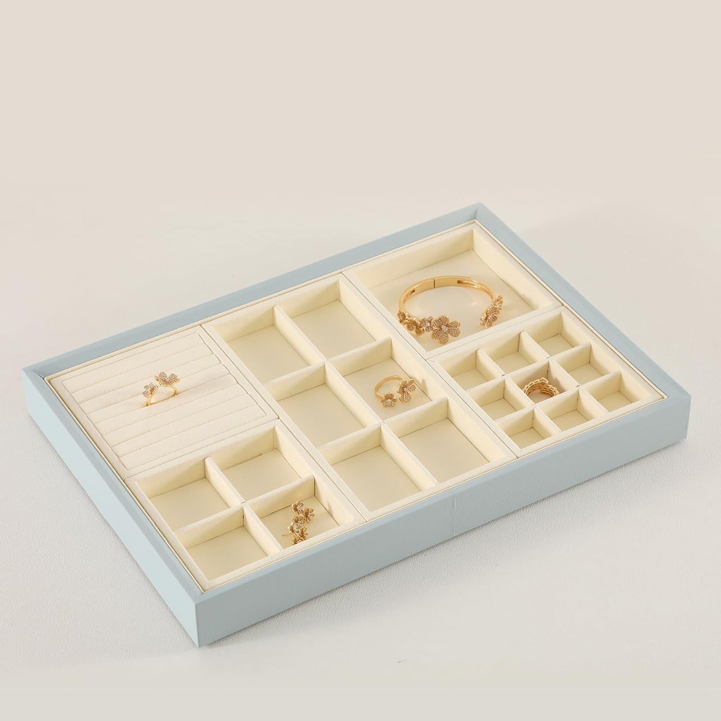 Dark Blue Jewelry Display Tray Ring Necklace Earring Bangle Organizer Multifunctional Storage Case for Jewelry Showcase (Small 4 Grids Tray(beige))