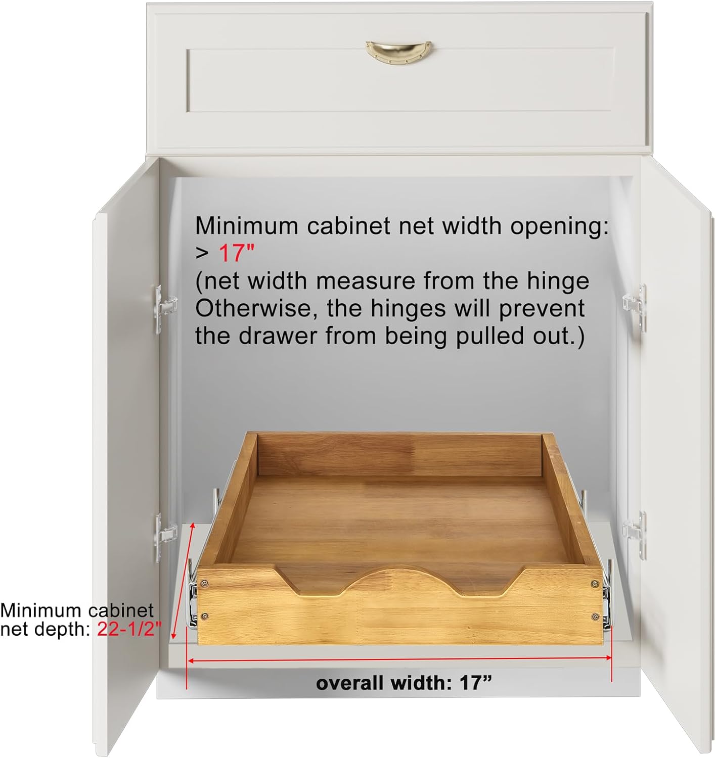 DINDON 1 Tier Pull Out Cabinet Organizer (17"W x 21"D) Single Tier Heavy Duty Slide Out Wood Drawer Under Cabinet Shelf Organization Storage