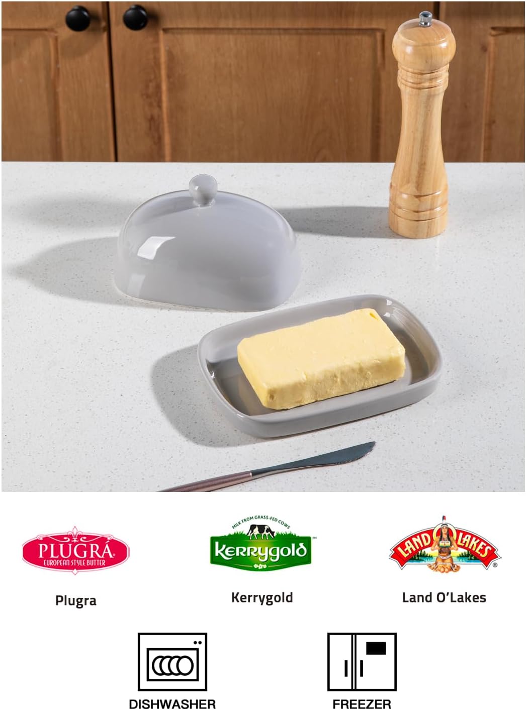 Sweejar Ceramic Butter Dish with Lid for Countertop,Porcelain Butter Keeper with Knob Handle,Butter Container for East/West Coast Butter, 7.3*4.1 inches (Gray)
