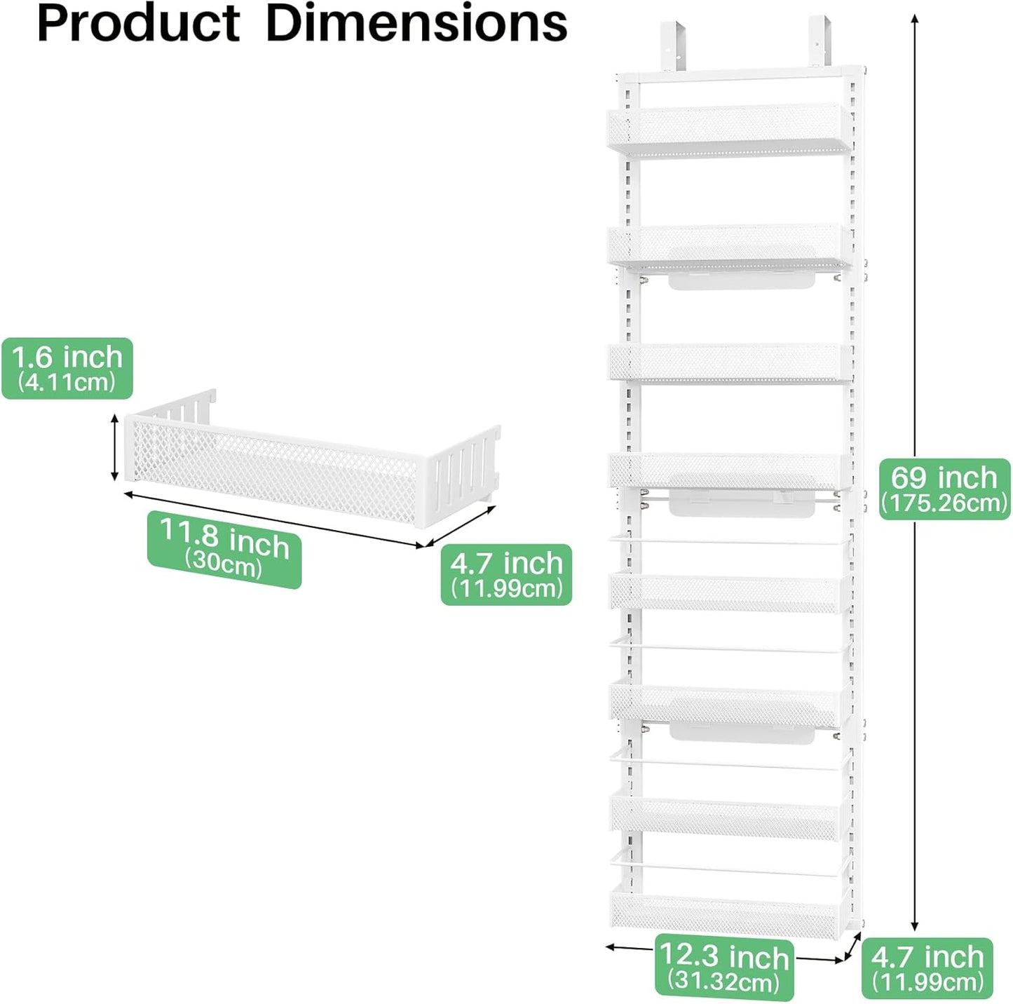 SNTD Over the Door Pantry Organizer - 8 Tier Adjustable Pantry Door Spice Organizer, Large Capacity Hanging Door Spice Rack for Kitchen Pantry Organizers and Storage (White, 12.3" W x 4.7" D x 69" H)