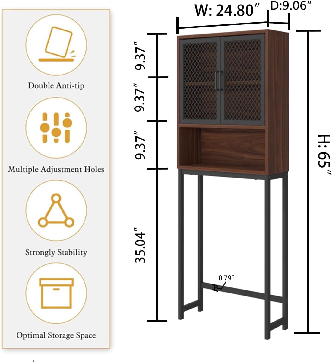 Launica Over The Toilet Storage Cabinet, Bathroom Organizer Over Toilet, Wood Metal Industrial Bathrooms Space Saver Shelf, Freestanding Bathrooms Cabinet Above Toilet wtih Rack, Walnut