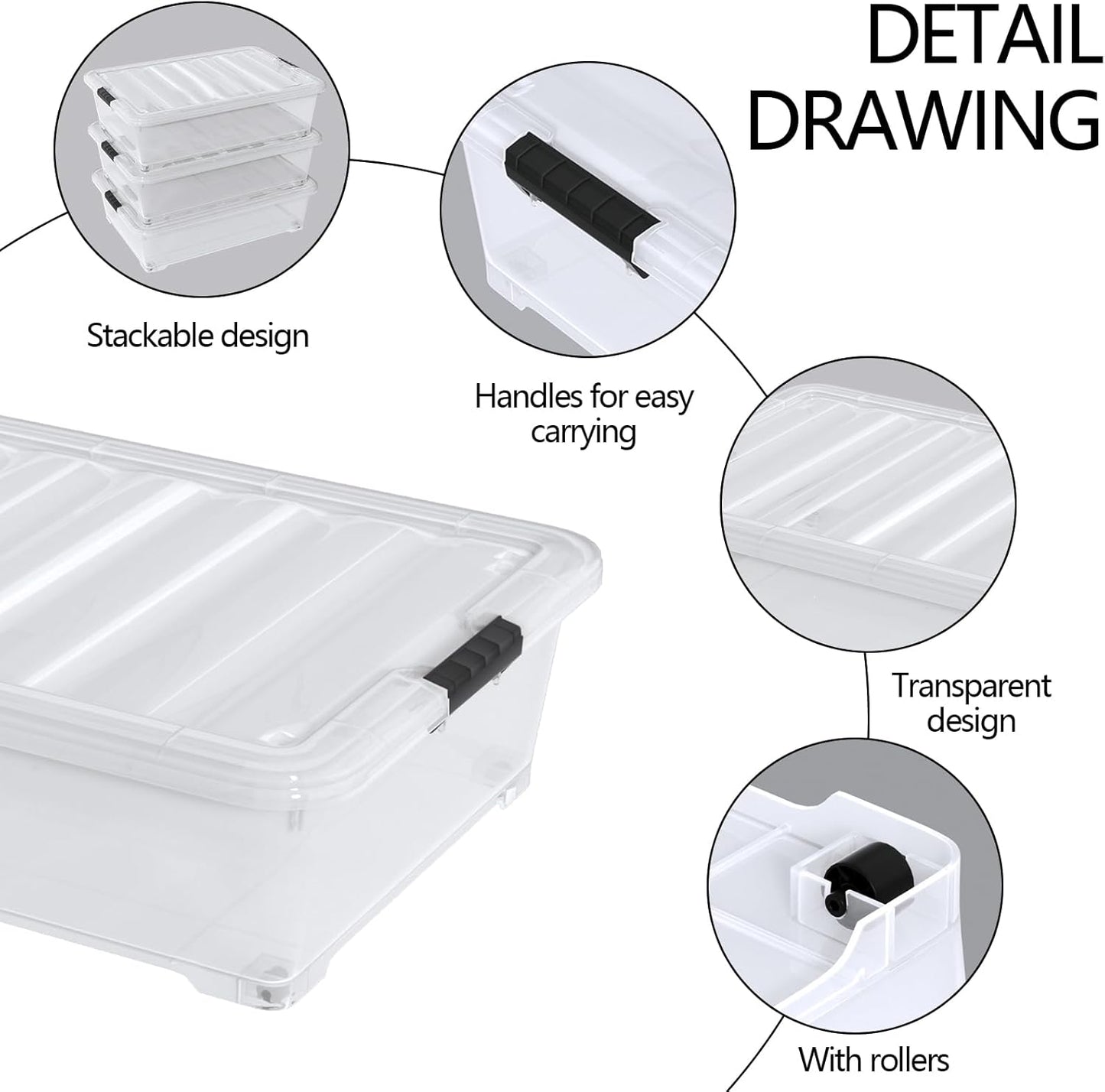20 Quart Clear Plastic Under Bed Storage Boxes, Set of 3 Wheeled Underbed Storage Containers