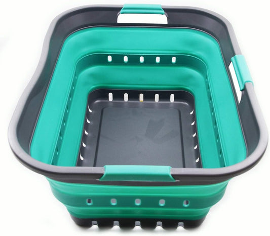 SAMMART 42L (11 gallon) Collapsible Plastic Laundry Basket - Foldable Pop Up Storage Container/Organizer - Space Saving Hamper/Basket (1, Grey/Turquoise Blue)