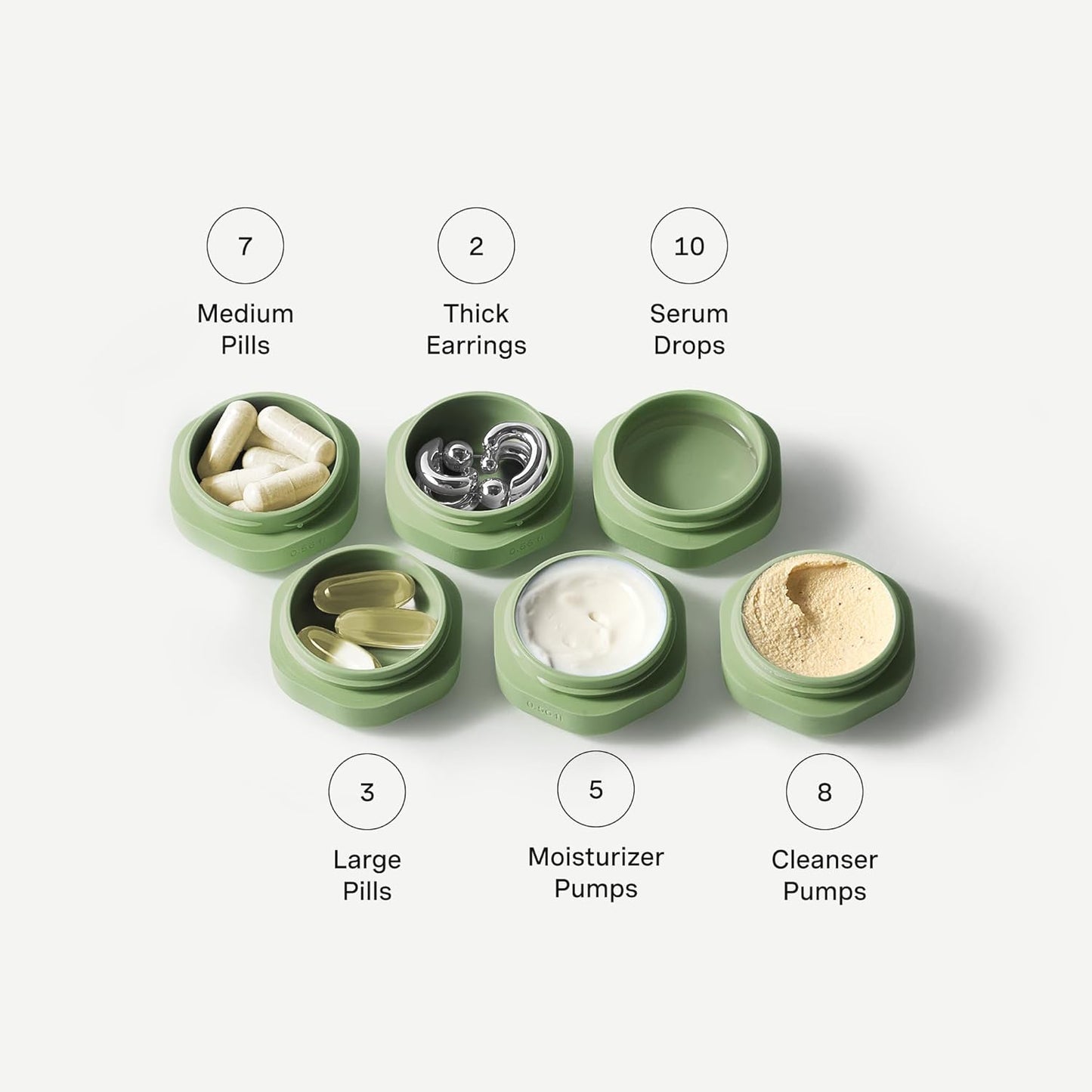 Cadence Travel Containers Basic Skincare Set - Magnetic Containers with Lids,Carry On Travel Essentials For Women/Men - 3 Small Capsules (0.56oz) - Cleanser, Moisturizer & Sun-Icon Labels - Eucalyptus
