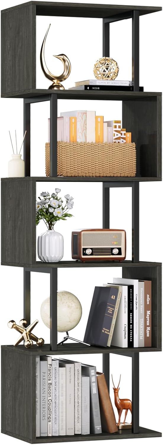 Furologee 6 Tier Bookshelf Tall Geometric Bookcase, S Shaped Industrial Display Standing Shelf, Metal and Wood Decorative Storage Room Divider Rack for Bedroom, Living Room, Office, Light Black Oak