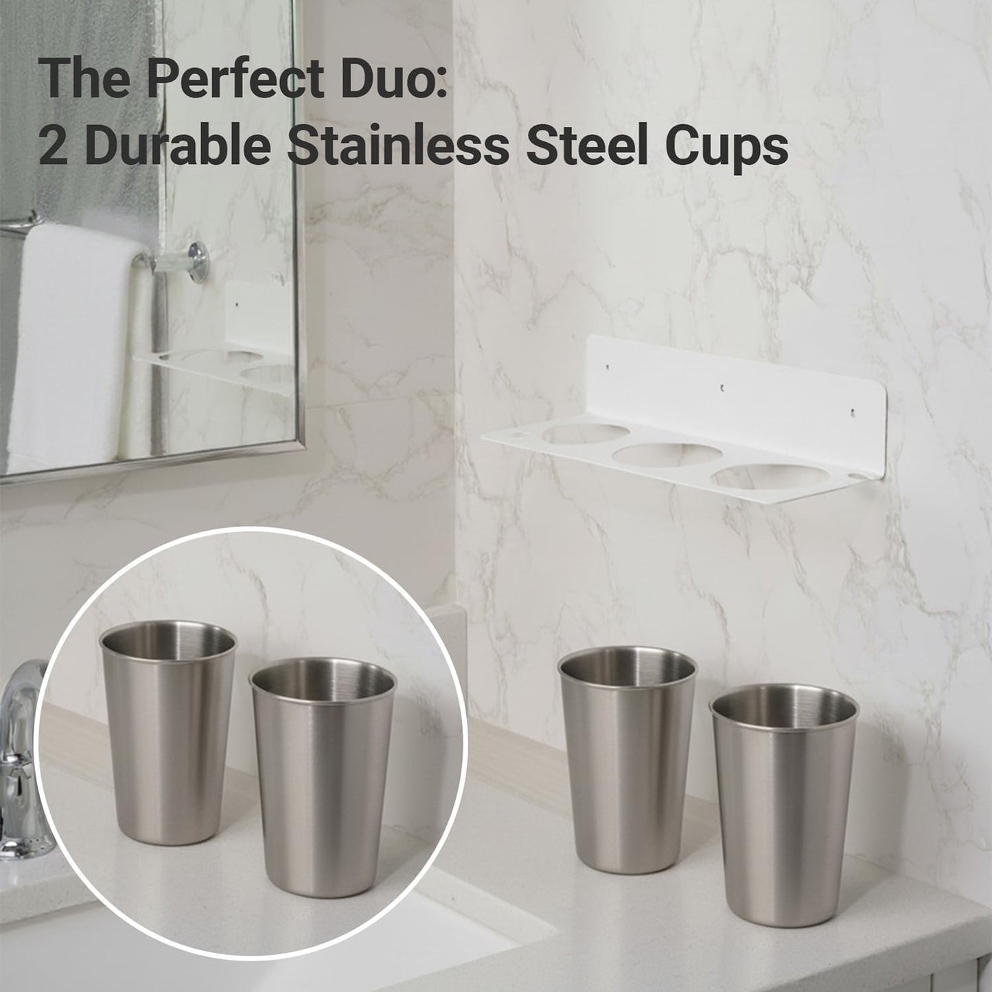 Hair Tool Organizer Wall Mount, Stainless Steel Hair Tool Holder with 2 Heat-Resistant Cups, Curling Iron Holder for Vanity, Hot Tools Organizer with PVC Ring,Hair Dryer Holder for Bathroom