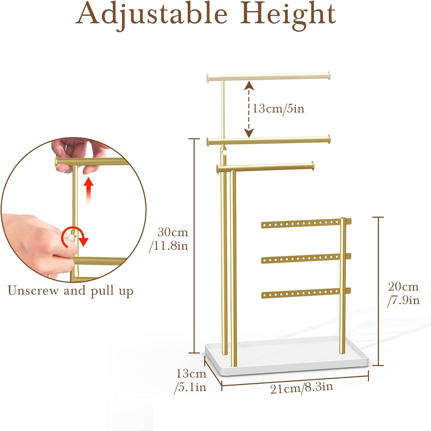 Jewelry Holder Organizer Stand - Adjustable Tall 17.5" (Max), Sturdy Jewelry Hanger for Necklaces, Earrings, Bracelets, Rings, Jewlery Display and Storage, Gold and White, Metal