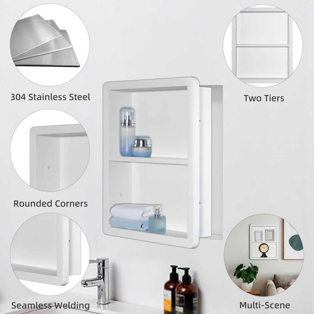 Shower Niche 14x18, Recessed Medicine Cabinet Without Mirror, 304 Stainless Steel Bathroom Storage Cabinet with Shelf, Waterproof Wall Niche for Bathroom in Matte White