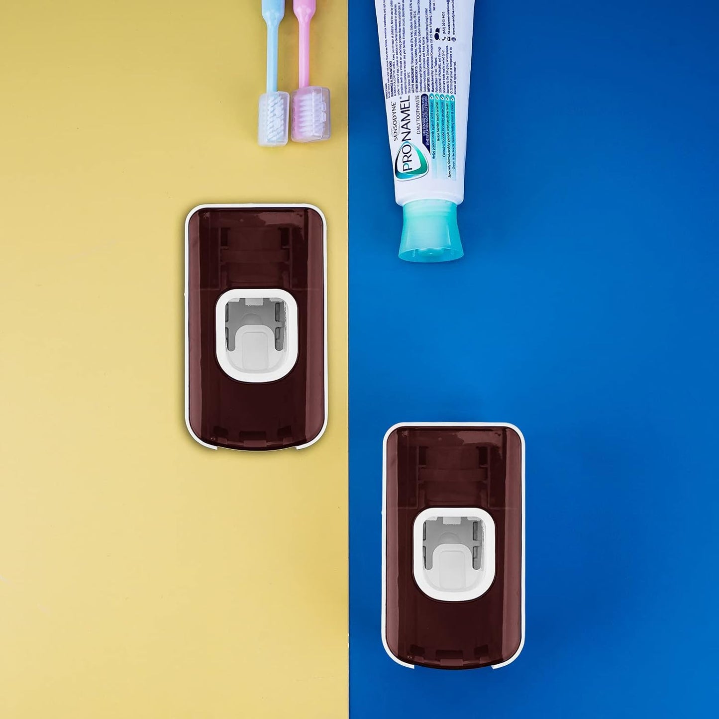 2 Slot Toothbrush Holder and Toothpaste Dispenser Wall Mounted, Automatic Toothpaste Squeezer, 2 in 1 Tooth Brush Toothpaste Organizer for Shower (Red)