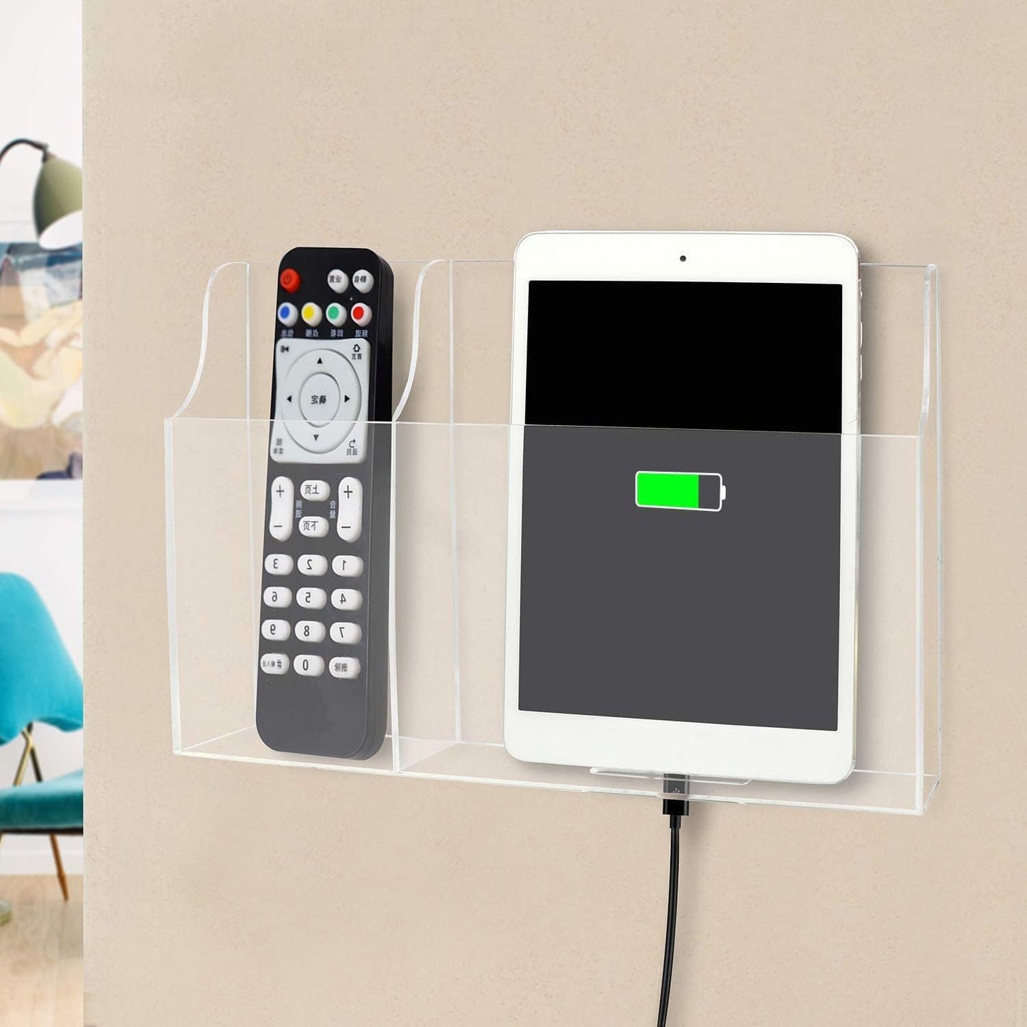 Clear Wall Tablet Holder Acrylic Wall Mounted Phone Holder for iPad, Remote Control Holder Laptop Stand for eReader Storage Caddy with Charging Holes for Kindle iPhone