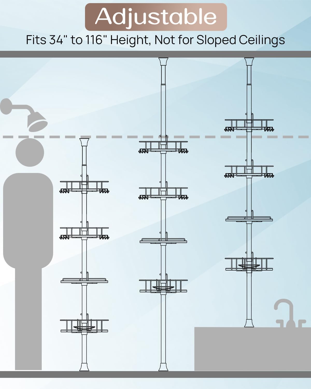 ALLZONE Corner Shower Caddy Tension Pole – Rust-Free Stainless Steel Shower Organizer with Adjustable Storage Shelves, Drill-Free Installation, Quick Setup, Extends from 34 to 116 Inches