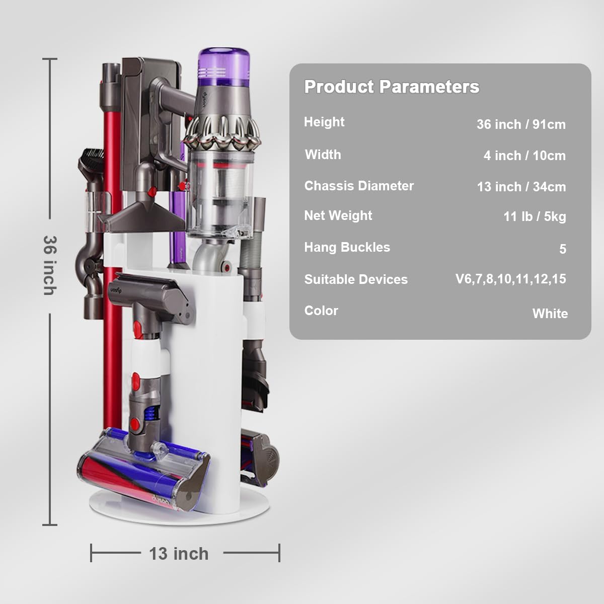 Vacuum Stand Holder for Dyson V15 V11 V10 V8 V7 V6 Cleaner, Stable Metal Storage Rack, Drill-Free Organizer Bracket Compatible with Dyson Cordless Vacuum Cleaner and Its Tools, White