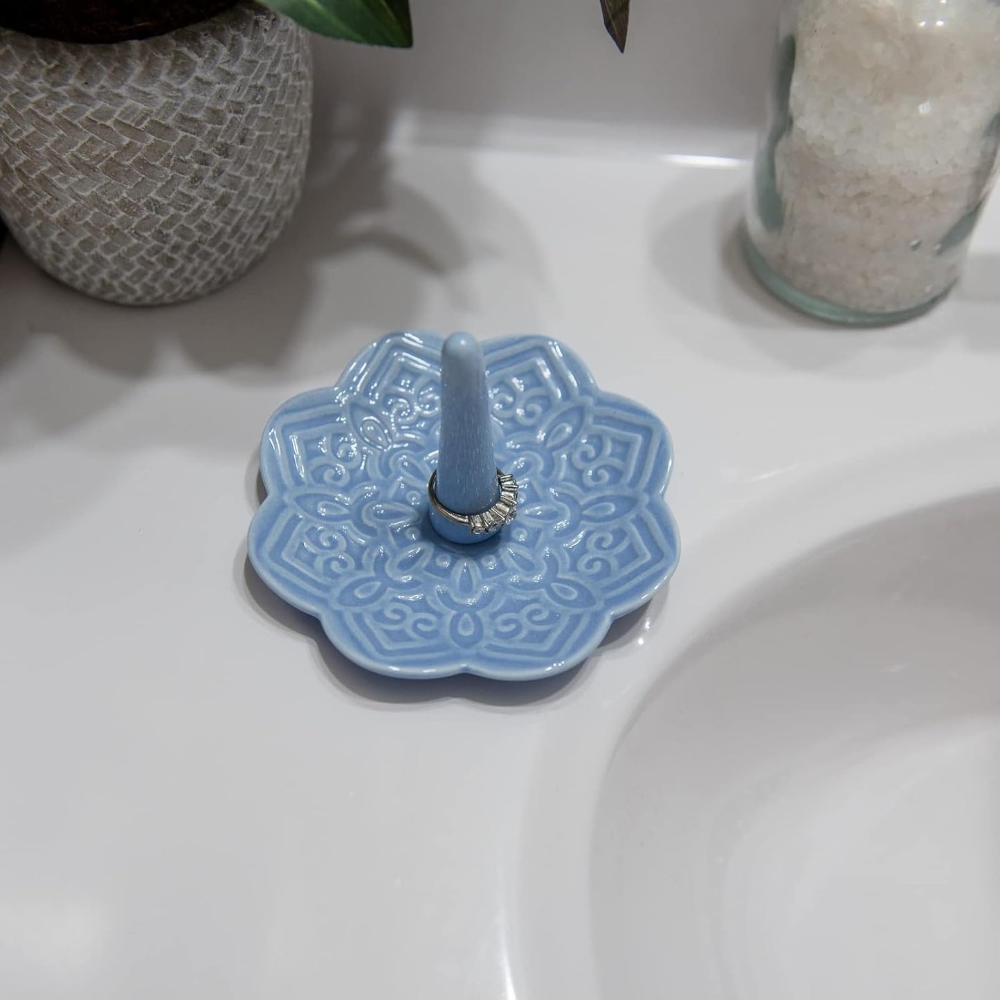 Ceramic Blue Mandala Ring Holder Decorative Jewelry Holder/Trinket Tray Engagement Christmas Wedding Birthday Gifts for Women