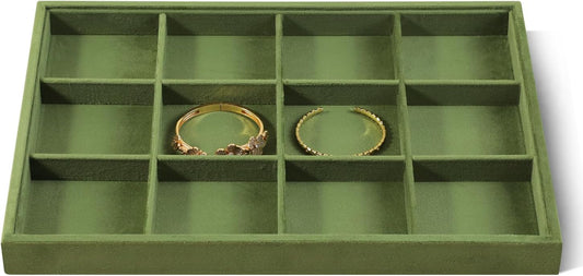 Velvet Stackable Jewelry Display Tray, 12 Grid Watch Bangle Bracelet Storage Tray, Makeup Drawer Insert Jewelry Shop Organizer Plate (Olive Green)