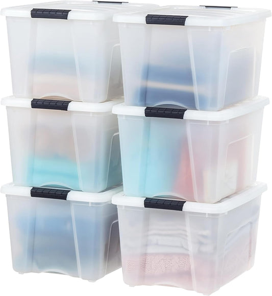 IRIS USA 40 Qt Stackable Plastic Storage Bins with Lids, 6 Pack - BPA-Free, Made in USA - Discreet Organizing Solution, Latches, Durable Nestable Containers, Secure Pull Handle - Pearl