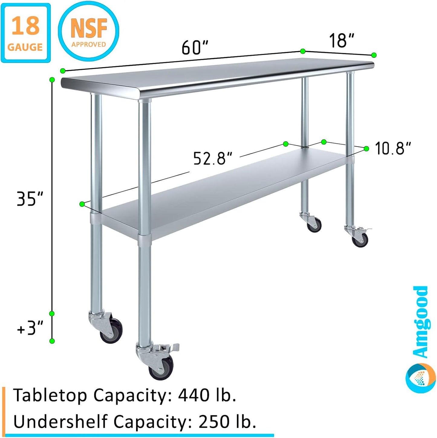 AmGood 60" Long x 18" Deep Stainless Steel Table with Casters