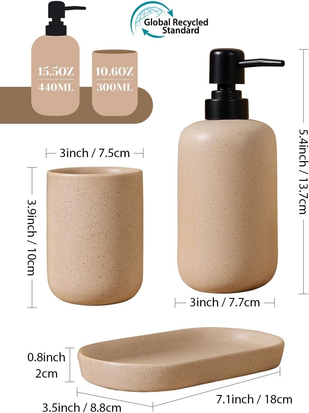 INGOFIN 3 Pcs Ceramic Bathroom Accessory Set - Liquid Soap Dispenser, Toothbrush Holder & Tray, Bathroom Counter Set, Countertop Essentials for Home, Guest Bathroom, or Office Use, Beige