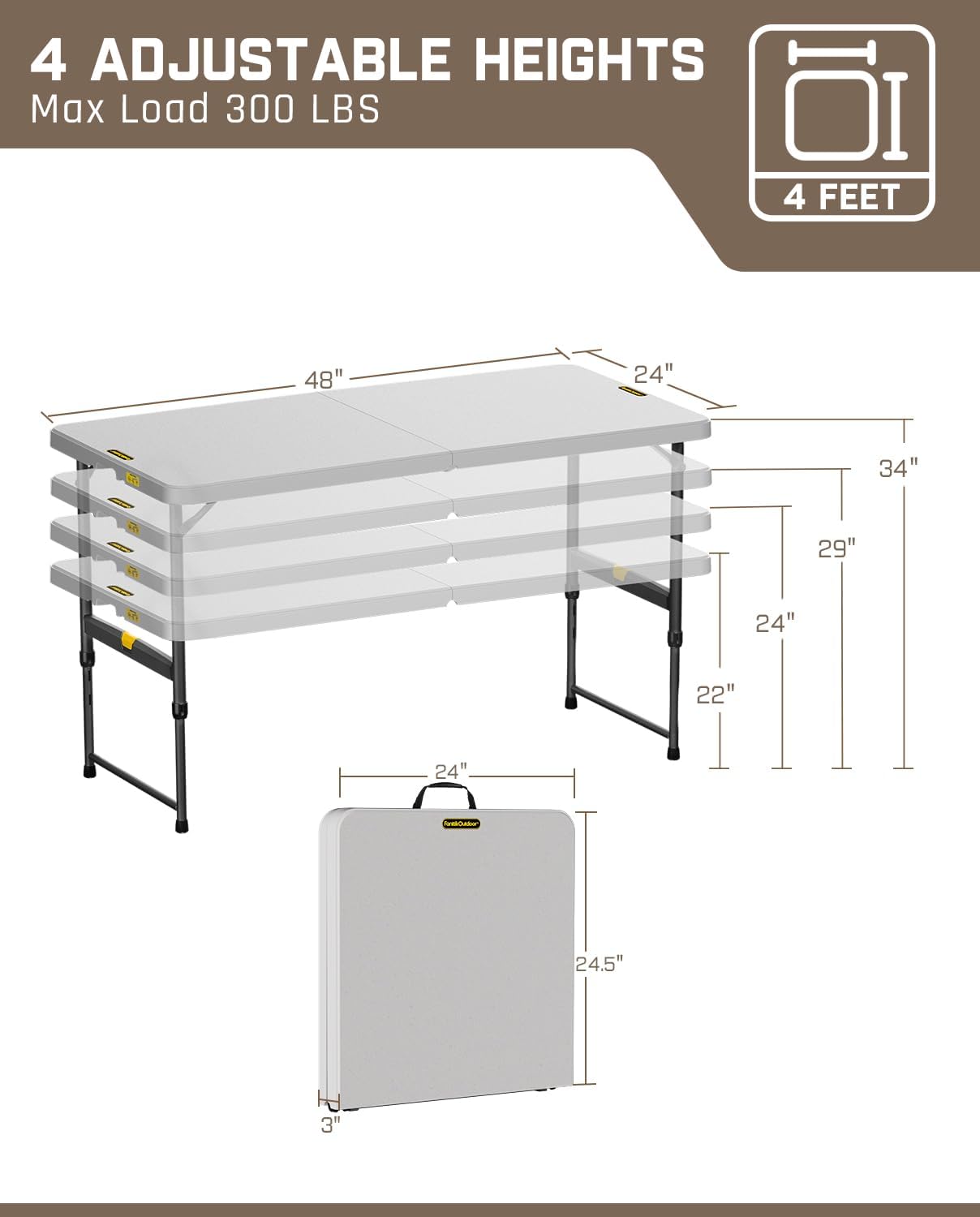 FanttikOutdoor 4ft Portable Folding Table, One-Handed Height Adjustment, 4 Heights, Gravity Lock, Carry Handle, Indoor Outdoor Heavy Duty Fold-in-Half Utility Table, Party, 1 Pack, Grey Zeta X4 Pro