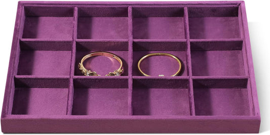 Velvet Stackable Jewelry Display Tray, 12 Grid Watch Bangle Bracelet Storage Tray, Makeup Drawer Insert Jewelry Shop Organizer Plate (Purple)