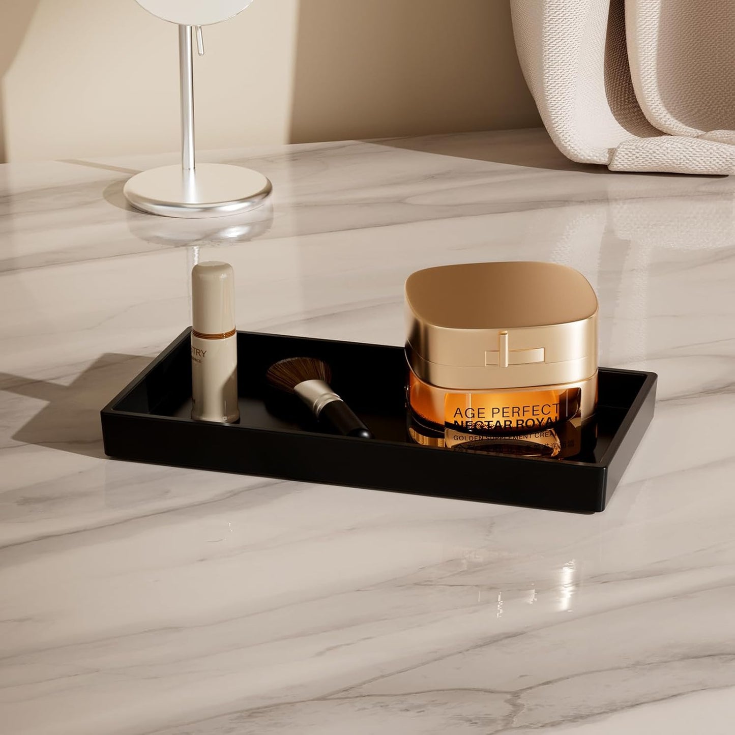 Vanity and Bathroom Tray, 7.7" ABS Countertop Organizer,Waterproof Vanity Tray for Toilet Tank,Perfume,Soap,Keys,Bathroom Accessories,Kitchen and Bath Trays,Non Slip Small Trays,Black,2 Pack