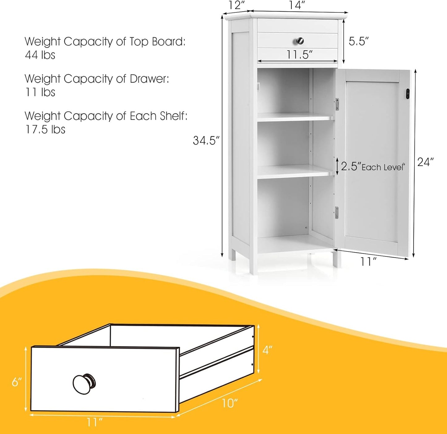 HAPPYGRILL Small Bathroom Storage Cabinet,Single Door Narrow Storage Cabinet Organizer w/Drawer & 3-Level Adjustable Shelves,Bathroom Cabinets Freestanding w/Anti-Tipping Device for Living Room Toilet