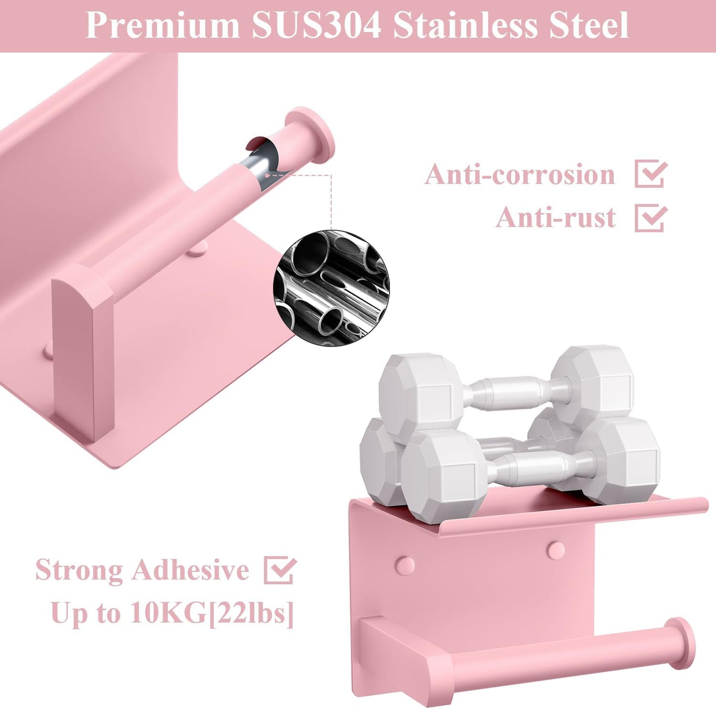 Tindbea Toilet Paper Holder with Phone Shelf, Adhesive or Screw Wall Mount Toilet Tissue Roll Holder, Rustproof & Multifunctional Stainless Steel Bathroom Storage Dispenser (Blush Pink)