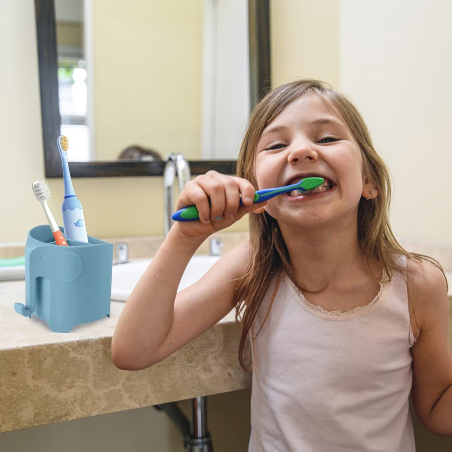Kids Toothbrush Holder, Cute Elephant Toothbrush Holders for Toddler, Toothbrush Toothpaste Holder for Bathroom, Toothbrush Organizer with 3 Slots and a Hook, Blue