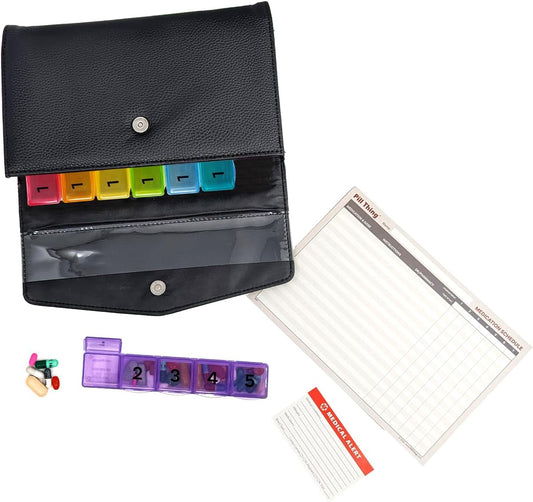 5 Times a Day Weekly Pill Box with Medication Wallet, Easy Secure Magnetic Closure, 5X Pillbox with Medication Schedule and Medical Alert Card (5 Time-a-Day Wallet)